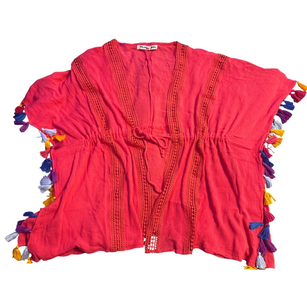 Michael Stars Red Crochet Trim Tassel Kimono Beach Cover Up One Size